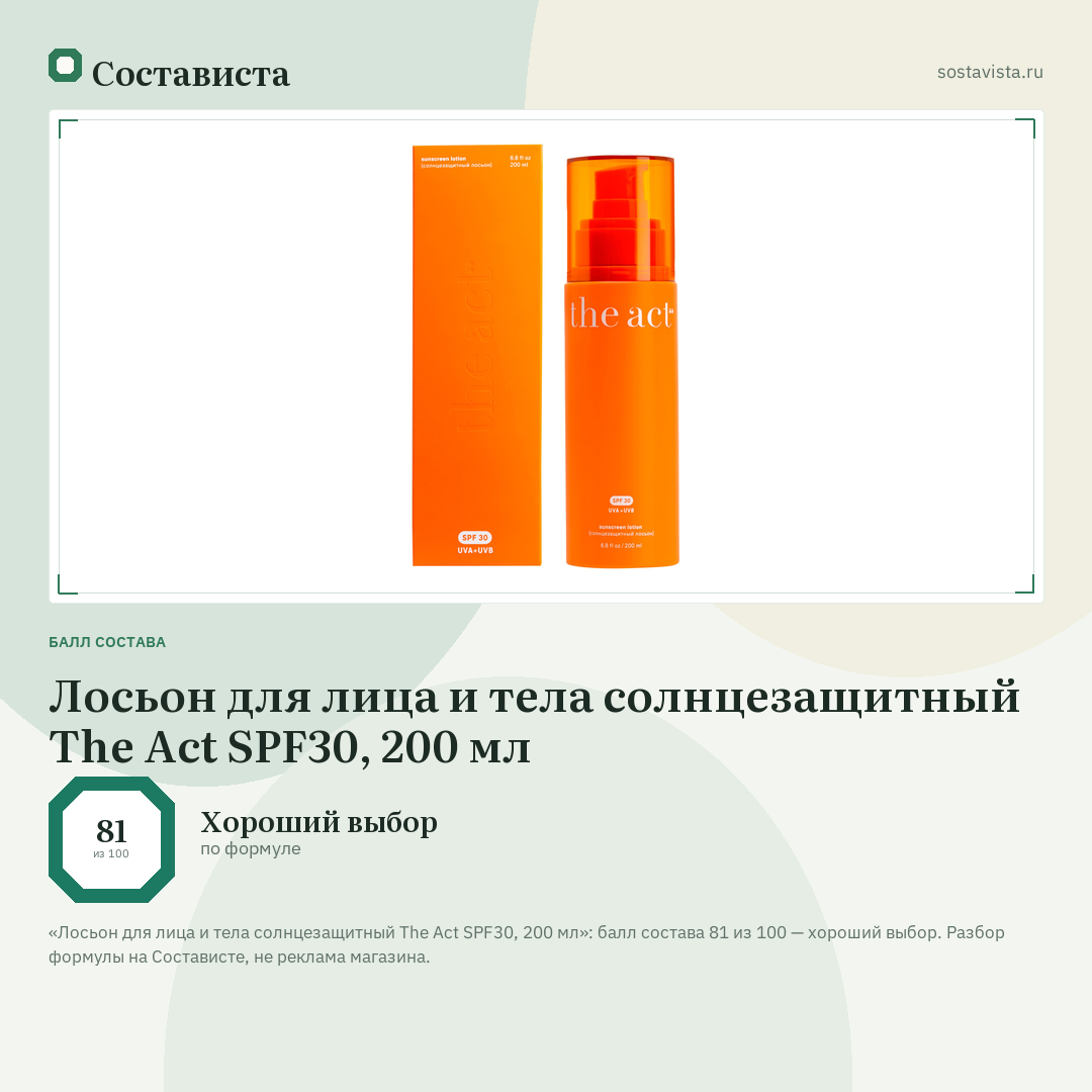 Лосьон для лица и тела солнцезащитный The Act SPF30, 200 мл: балл состава 81 из 100 — Состависта