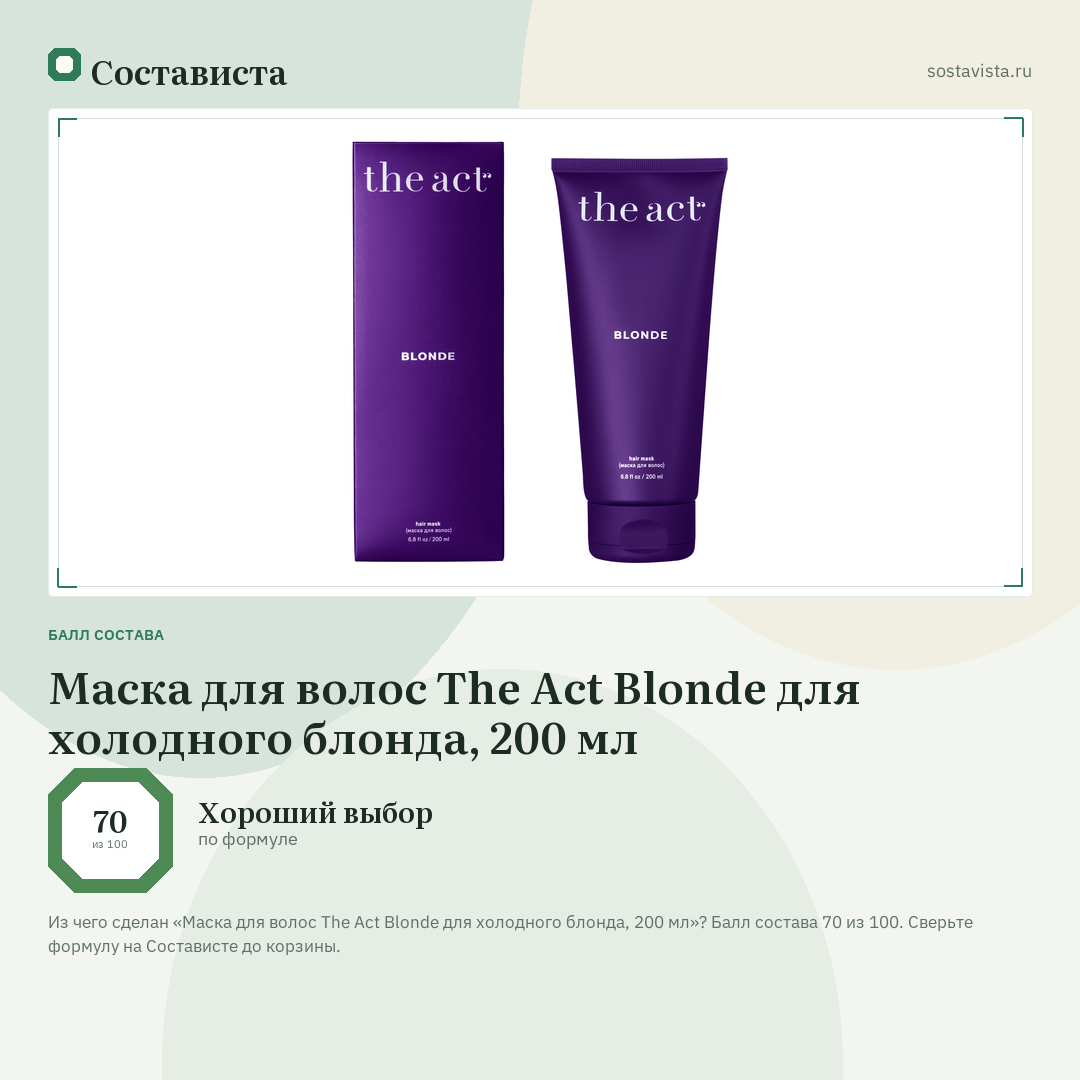 Маска для волос The Act Blonde для холодного блонда, 200 мл: балл состава 70 из 100 — Состависта