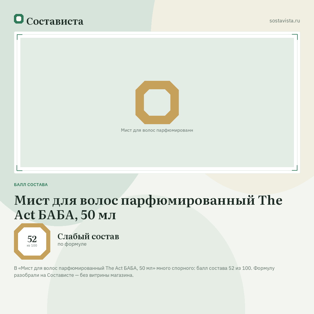 Мист для волос парфюмированный The Act БАБА, 50 мл: балл состава 52 из 100 — Состависта