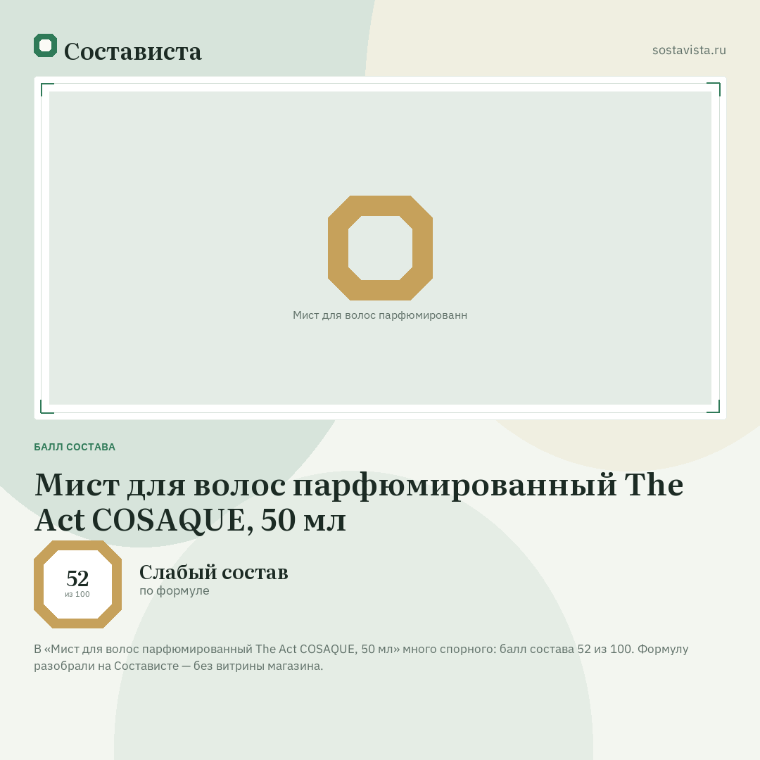 Мист для волос парфюмированный The Act COSAQUE, 50 мл: балл состава 52 из 100 — Состависта