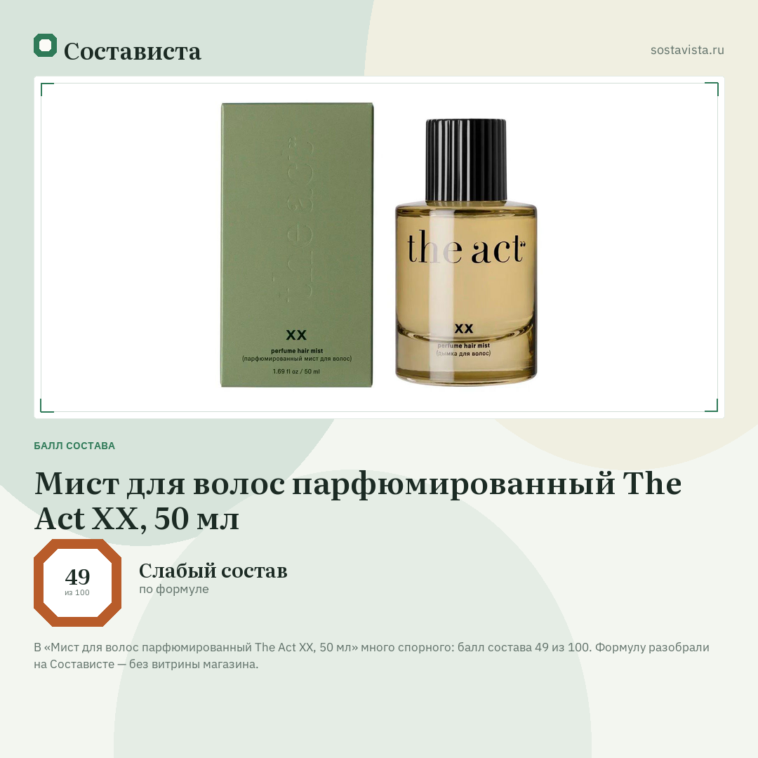 Мист для волос парфюмированный The Act XX, 50 мл: балл состава 49 из 100 — Состависта