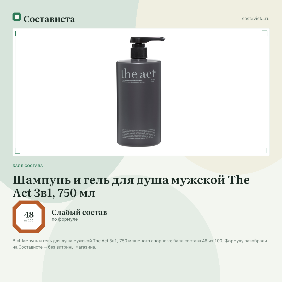 Шампунь и гель для душа мужской The Act 3в1, 750 мл: балл состава 48 из 100 — Состависта