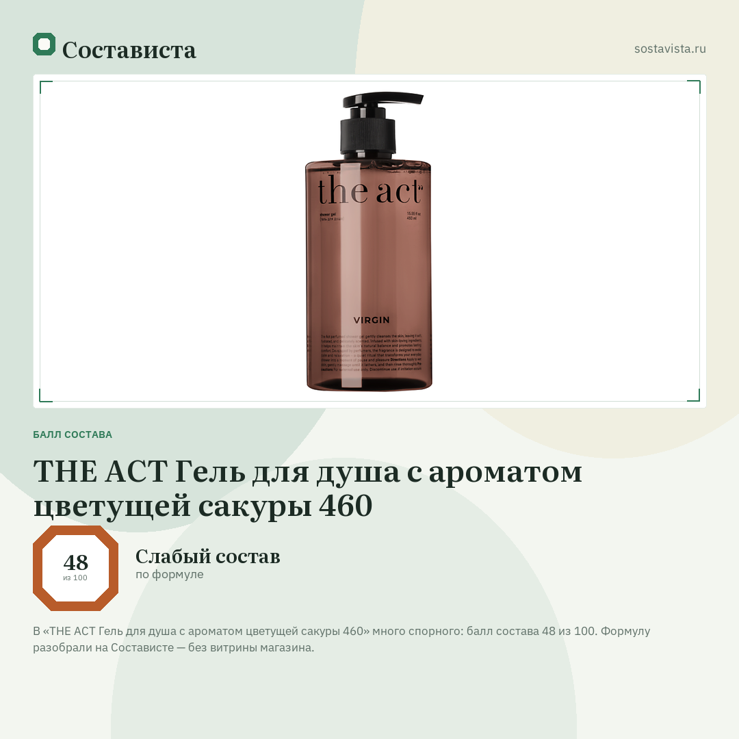THE ACT Гель для душа с ароматом цветущей сакуры 460: балл состава 48 из 100 — Состависта