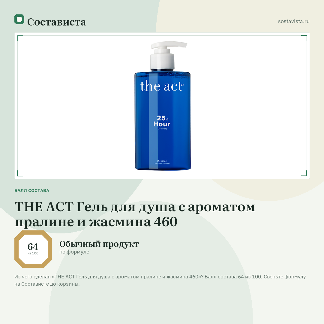 THE ACT Гель для душа с ароматом пралине и жасмина 460: балл состава 64 из 100 — Состависта