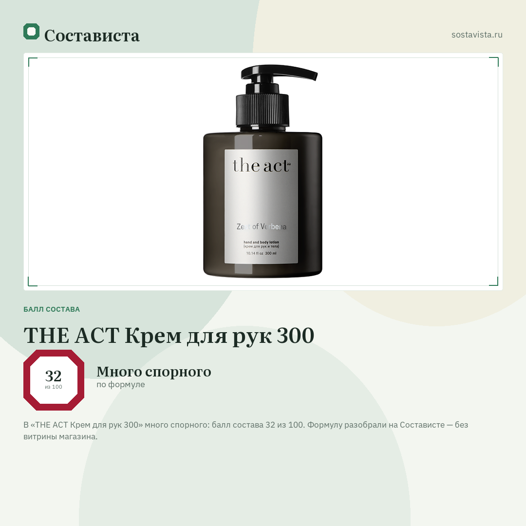 THE ACT Крем для рук 300: балл состава 32 из 100 — Состависта
