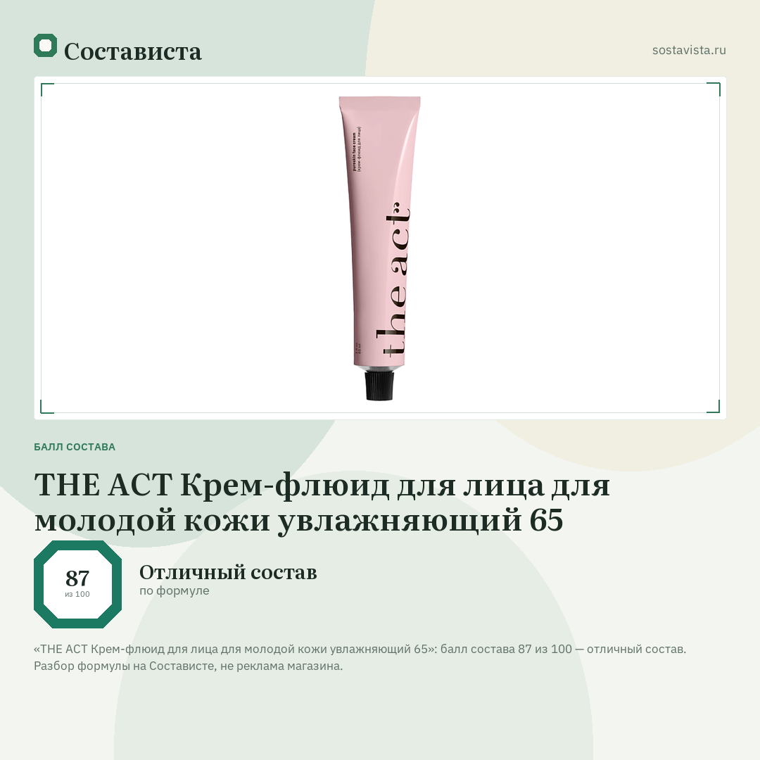 THE ACT Крем-флюид для лица для молодой кожи увлажняющий 65: балл состава 87 из 100 — Состависта