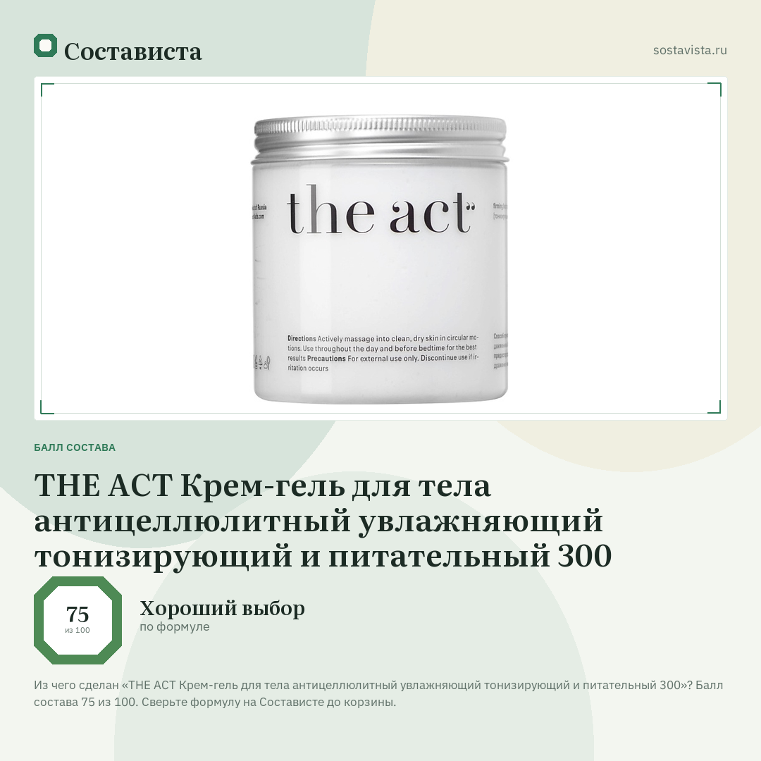 THE ACT Крем-гель для тела антицеллюлитный увлажняющий тонизирующий и питательный 300: балл состава 75 из 100 — Состависта