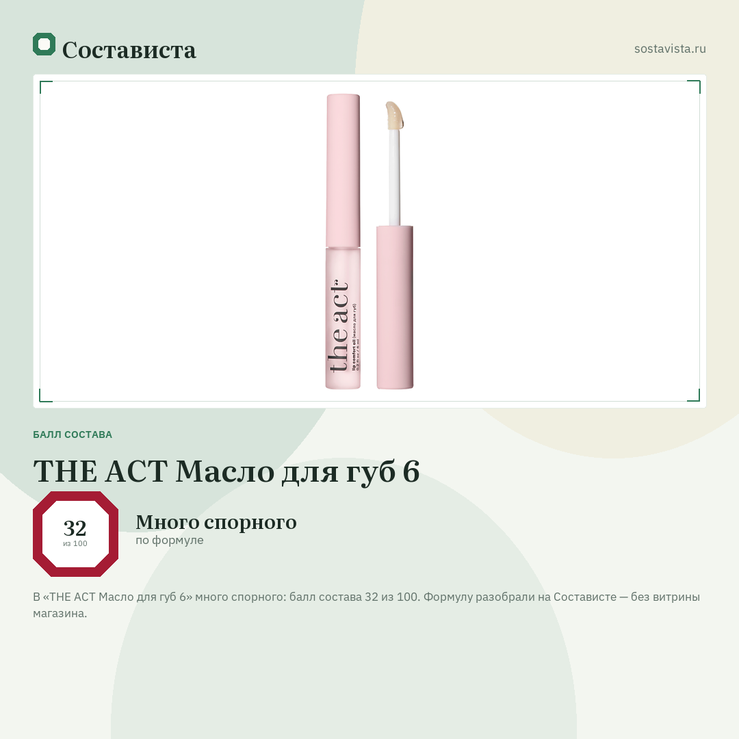THE ACT Масло для губ 6: балл состава 32 из 100 — Состависта