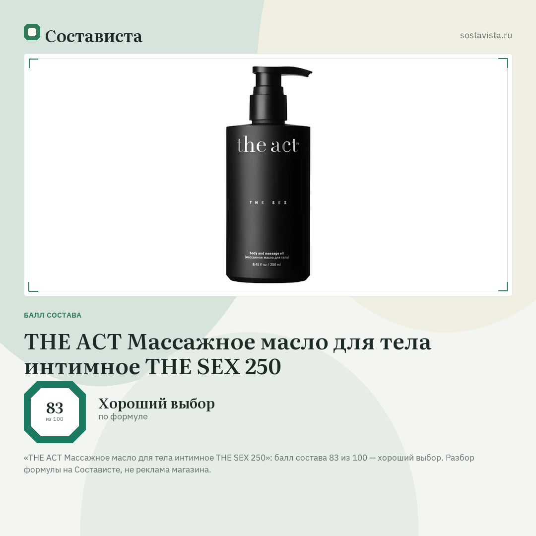 THE ACT Массажное масло для тела интимное THE SEX 250: балл состава 83 из 100 — Состависта