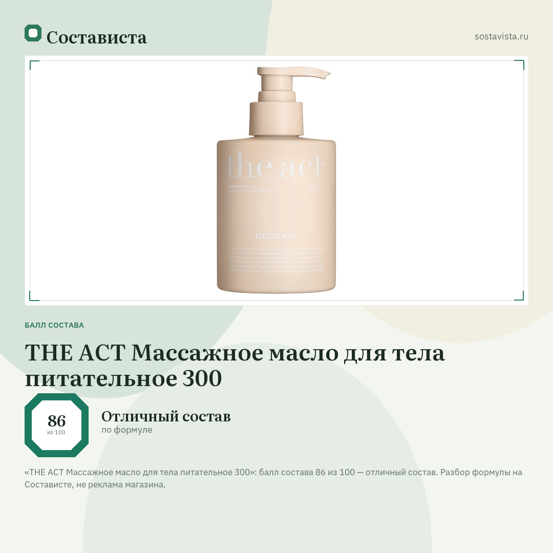 THE ACT Массажное масло для тела питательное 300: балл состава 86 из 100 — Состависта