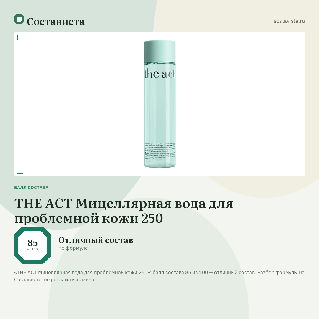 THE ACT Мицеллярная вода для проблемной кожи 250: балл состава 85 из 100 — Состависта