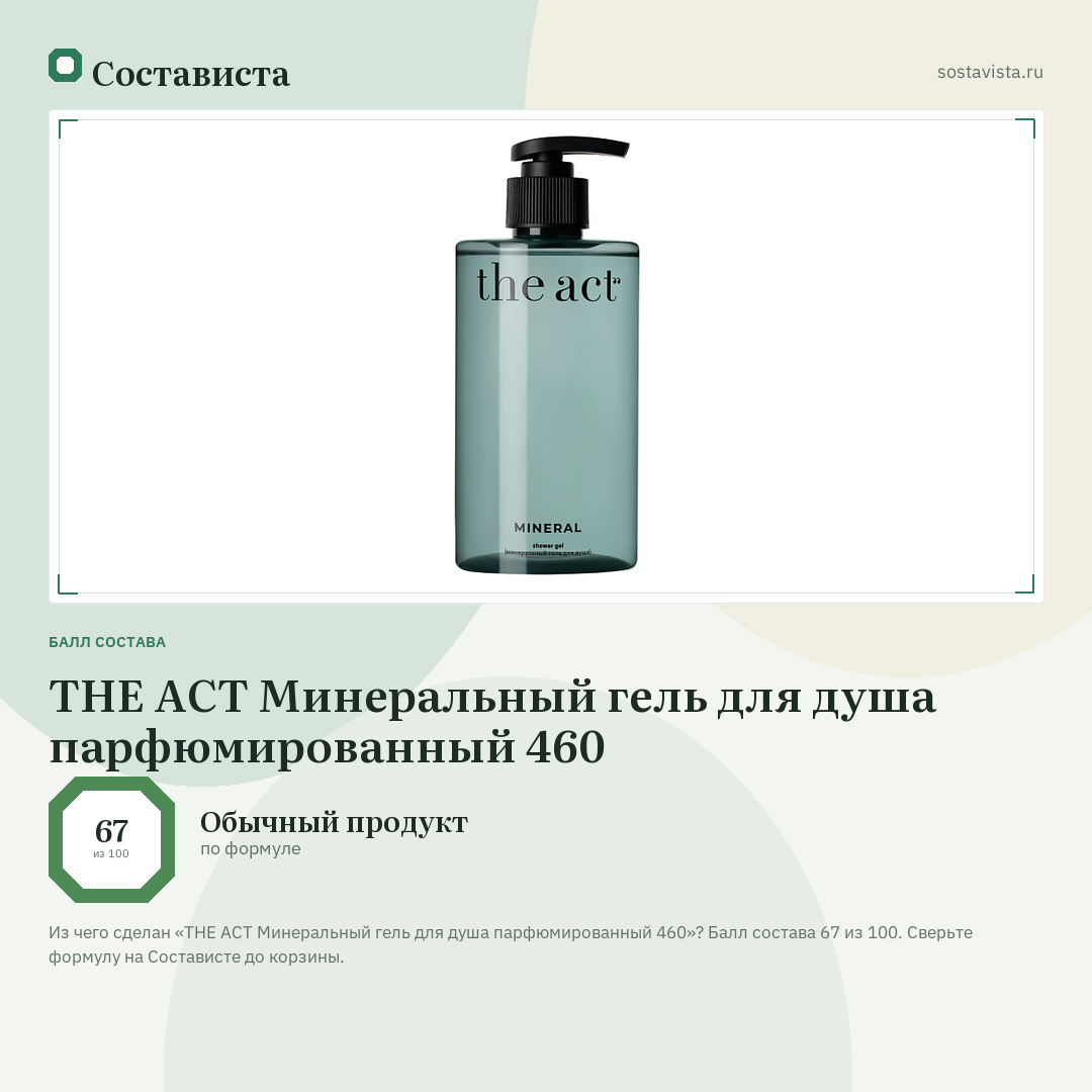 THE ACT Минеральный гель для душа парфюмированный 460: балл состава 67 из 100 — Состависта