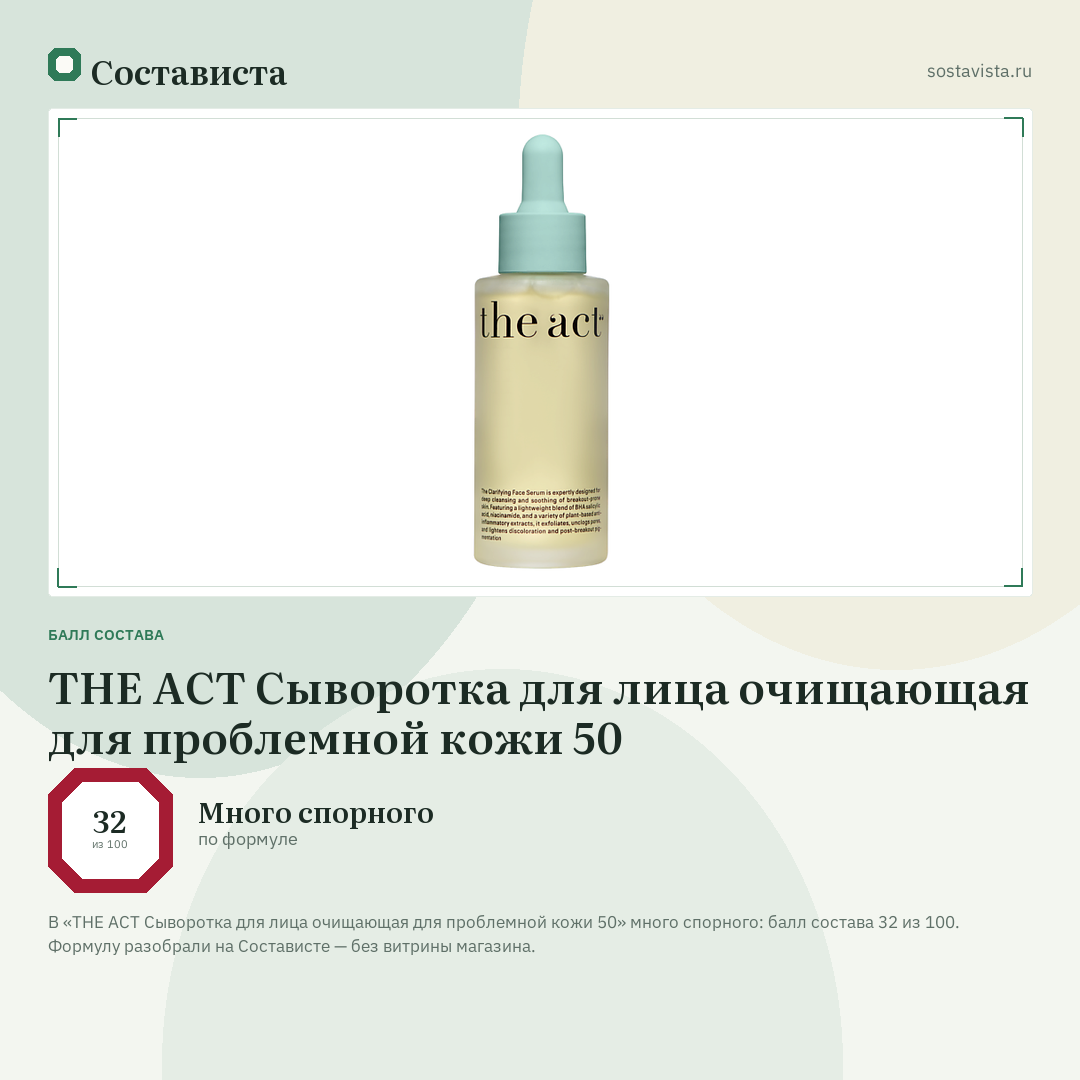 THE ACT Сыворотка для лица очищающая для проблемной кожи 50: балл состава 32 из 100 — Состависта