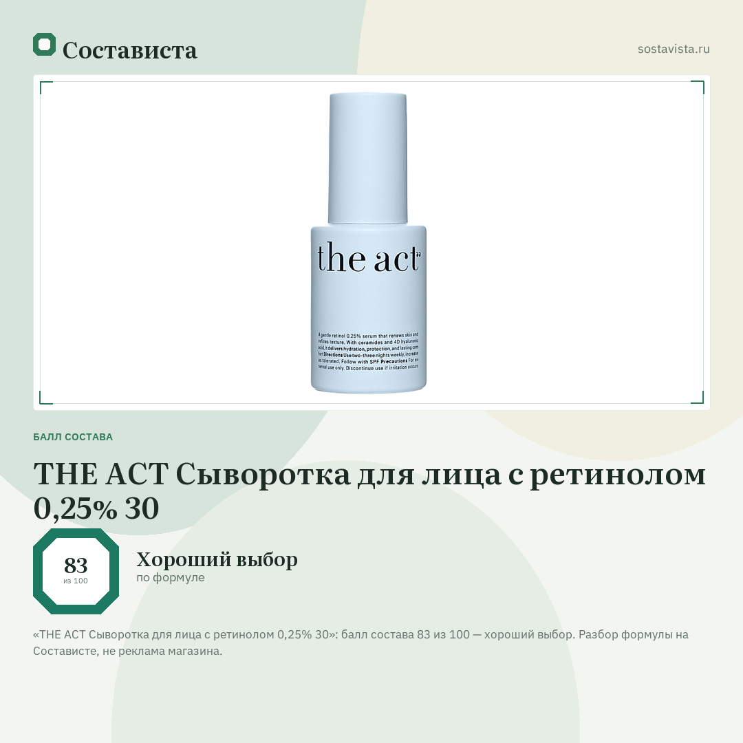 THE ACT Сыворотка для лица с ретинолом 0,25% 30: балл состава 83 из 100 — Состависта