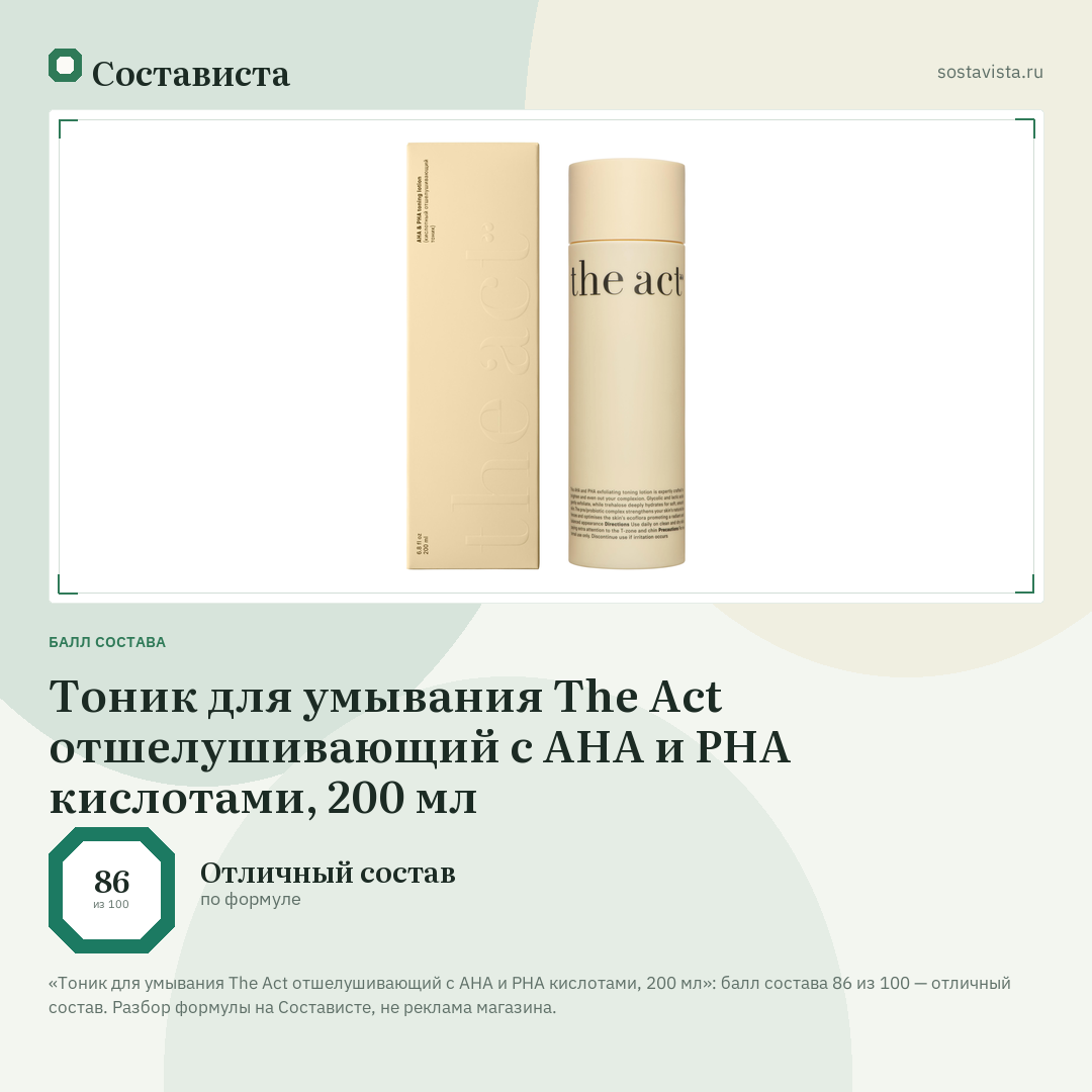 Тоник для умывания The Act отшелушивающий с AHA и PHA кислотами, 200 мл: балл состава 86 из 100 — Состависта