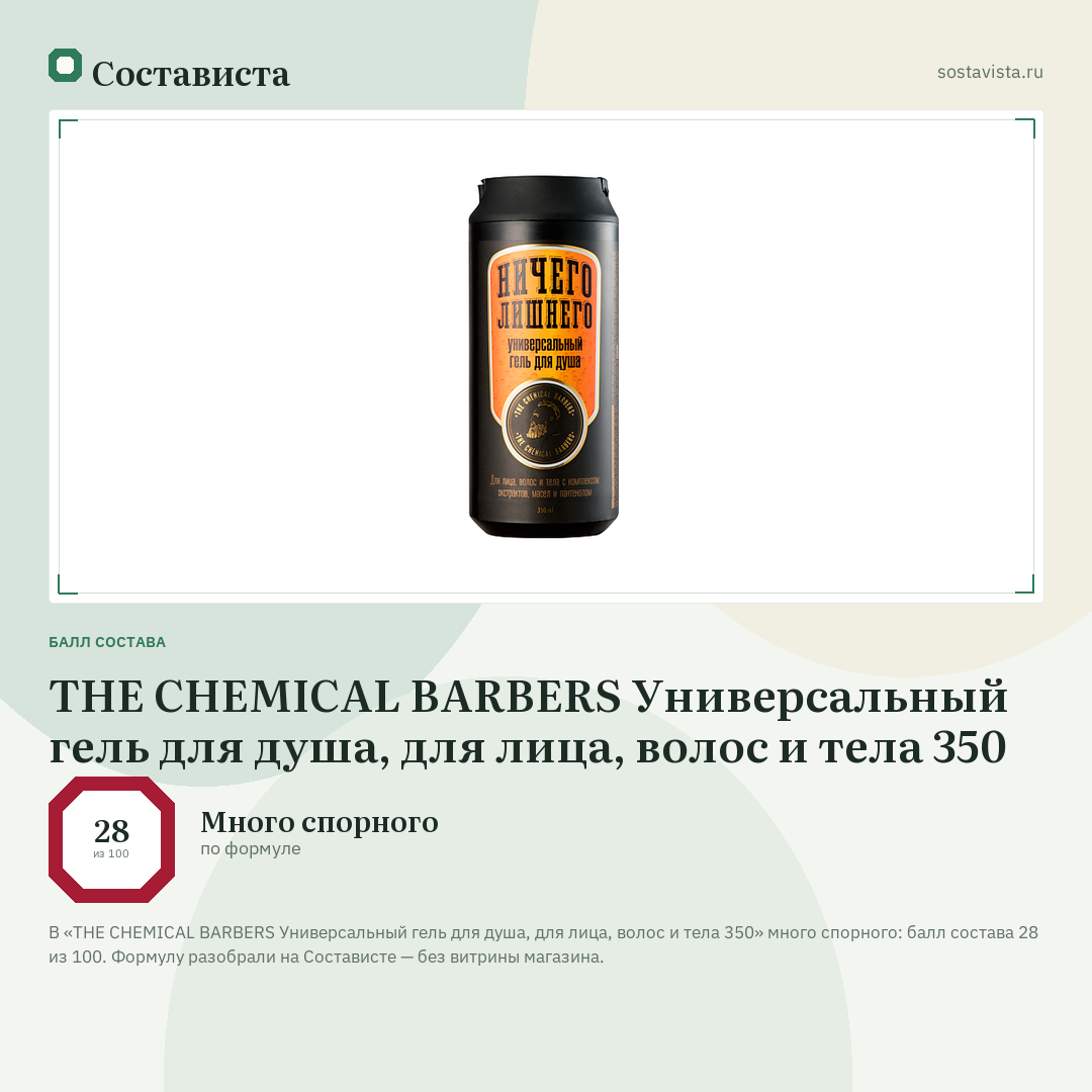 THE CHEMICAL BARBERS Универсальный гель для душа, для лица, волос и тела 350: балл состава 28 из 100 — Состависта