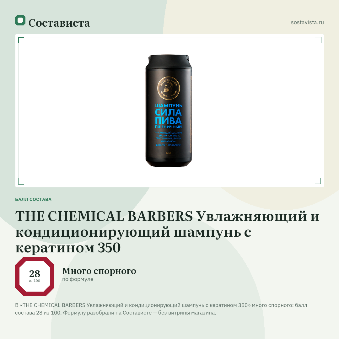 THE CHEMICAL BARBERS Увлажняющий и кондиционирующий шампунь с кератином 350: балл состава 28 из 100 — Состависта