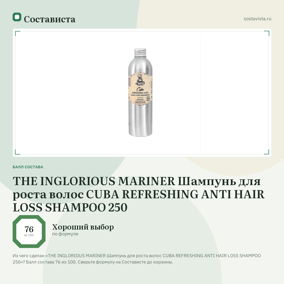 THE INGLORIOUS MARINER Шампунь для роста волос CUBA REFRESHING ANTI HAIR LOSS SHAMPOO 250: балл состава 76 из 100 — Состависта