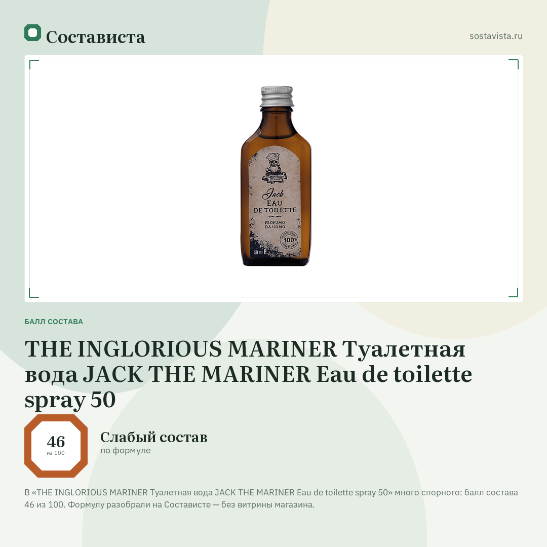 THE INGLORIOUS MARINER Туалетная вода JACK THE MARINER Eau de toilette spray 50: балл состава 46 из 100 — Состависта