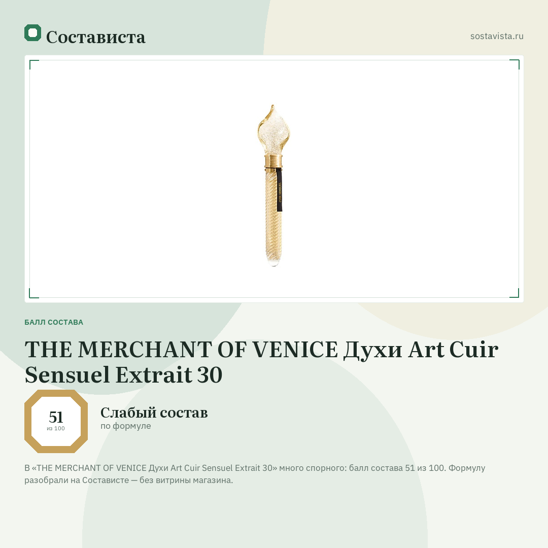 THE MERCHANT OF VENICE Духи Art Cuir Sensuel Extrait 30: балл состава 51 из 100 — Состависта