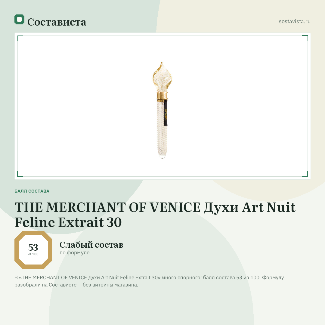 THE MERCHANT OF VENICE Духи Art Nuit Feline Extrait 30: балл состава 53 из 100 — Состависта