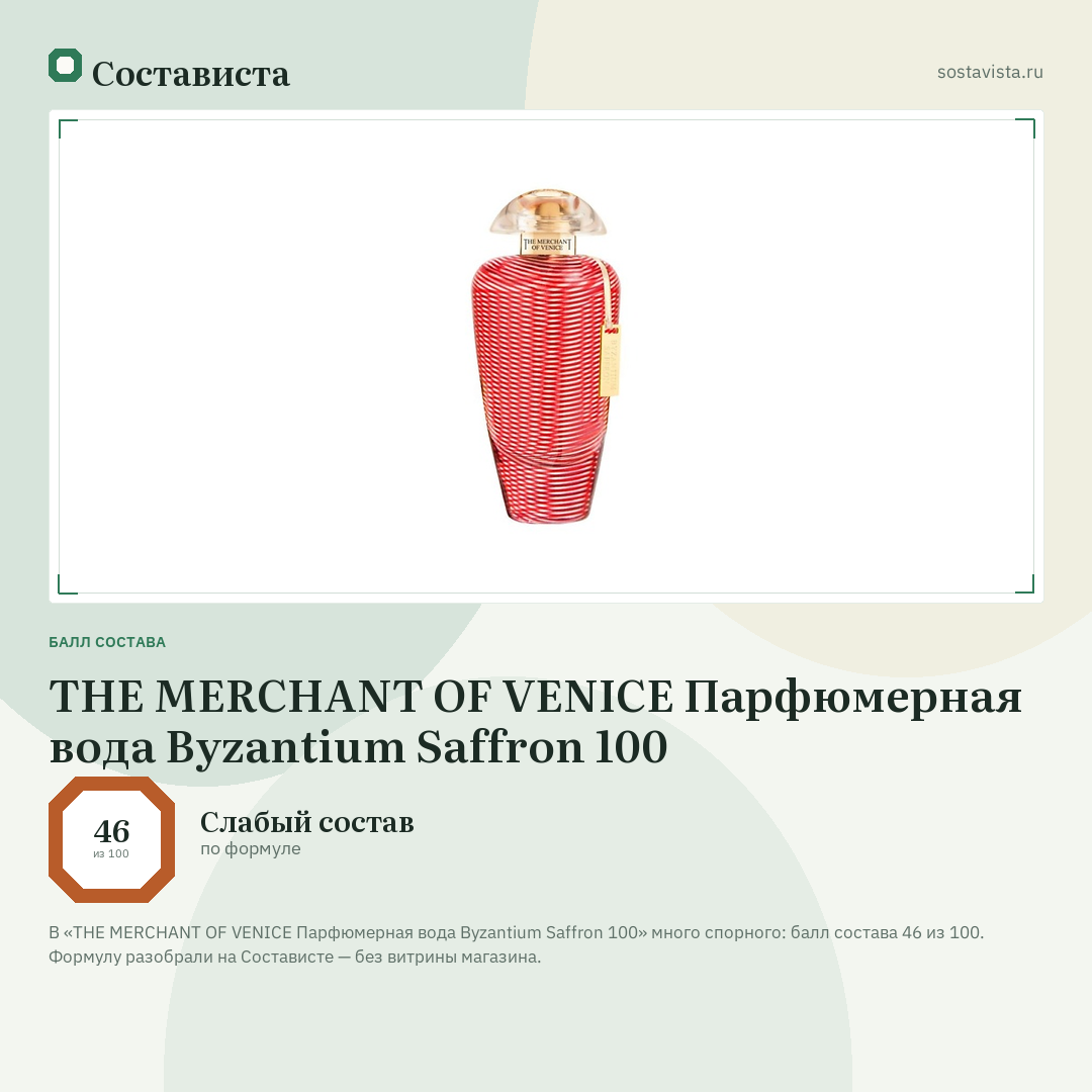 THE MERCHANT OF VENICE Парфюмерная вода Byzantium Saffron 100: балл состава 46 из 100 — Состависта