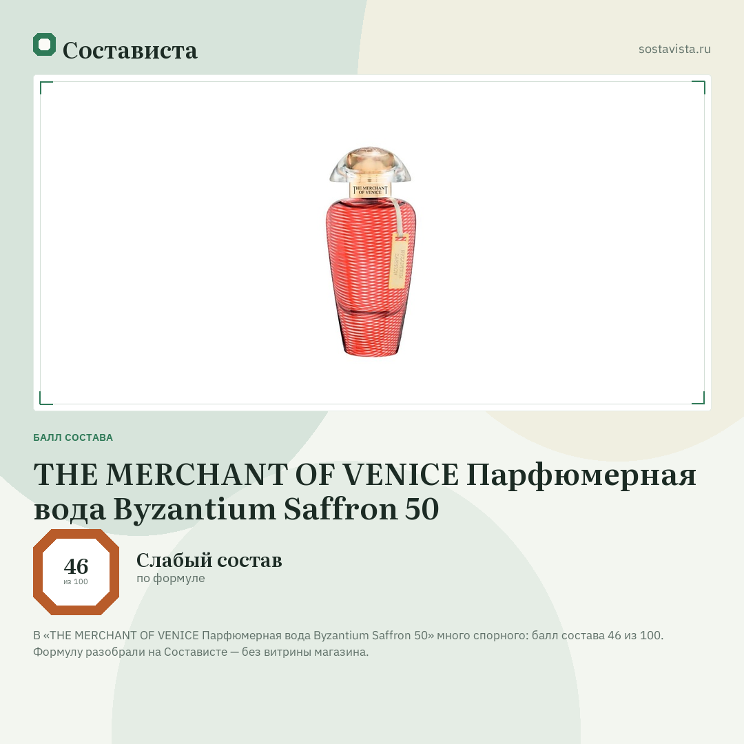 THE MERCHANT OF VENICE Парфюмерная вода Byzantium Saffron 50: балл состава 46 из 100 — Состависта