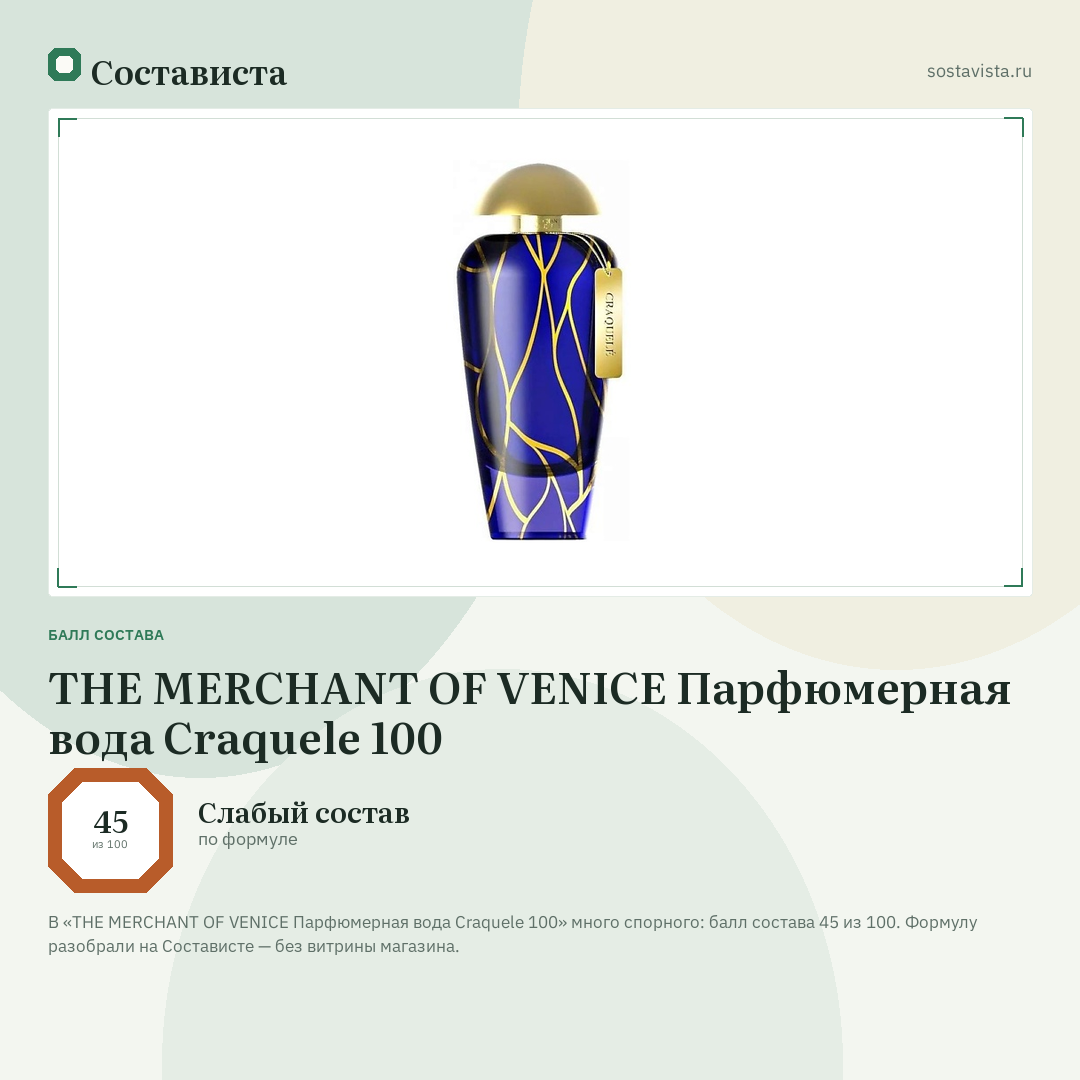 THE MERCHANT OF VENICE Парфюмерная вода Craquele 100: балл состава 45 из 100 — Состависта