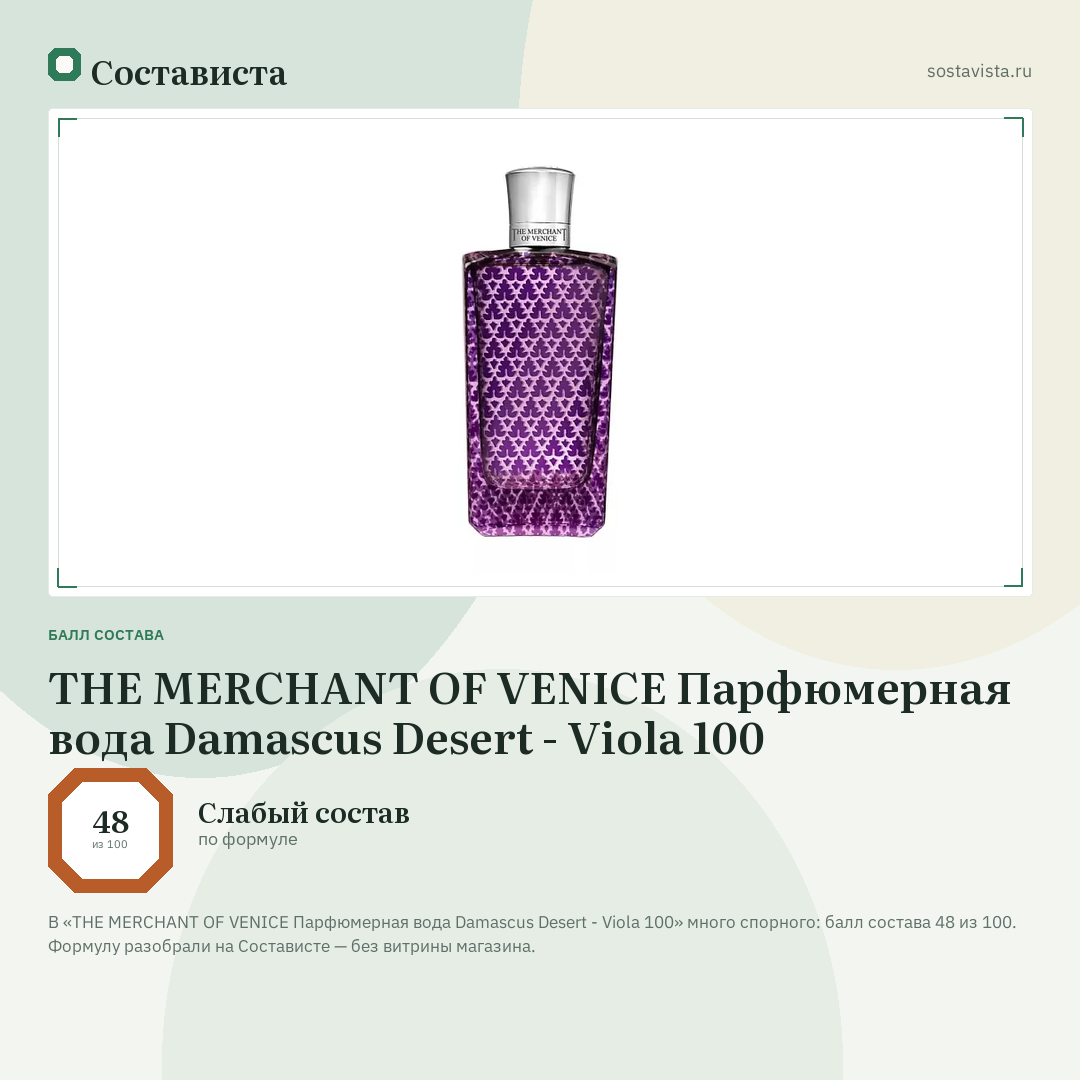 THE MERCHANT OF VENICE Парфюмерная вода Damascus Desert - Viola 100: балл состава 48 из 100 — Состависта
