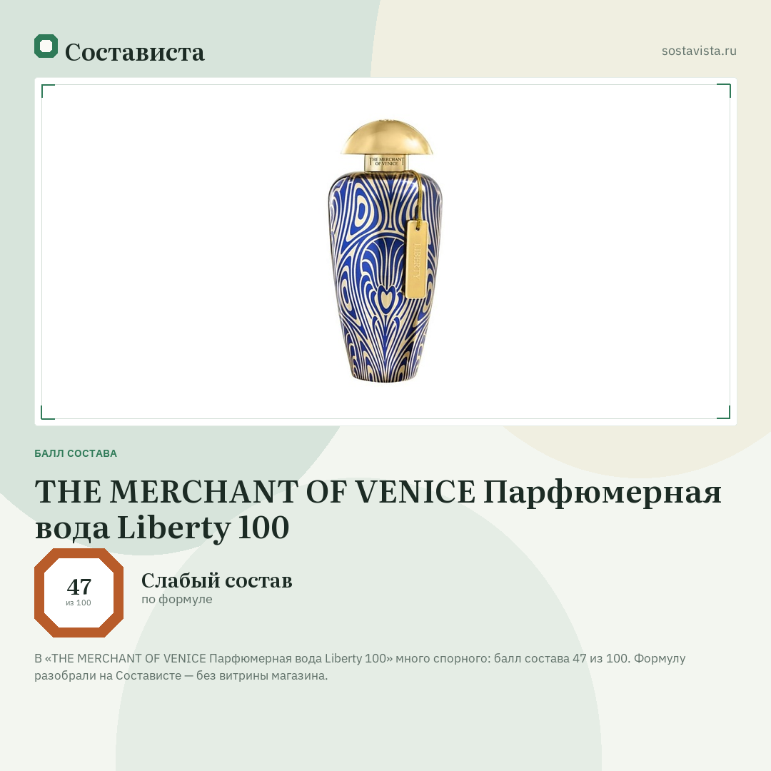 THE MERCHANT OF VENICE Парфюмерная вода Liberty 100: балл состава 47 из 100 — Состависта