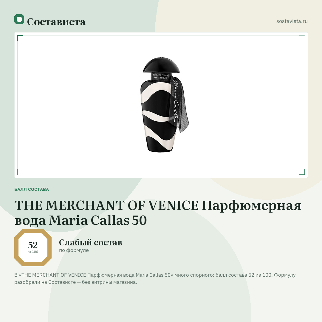 THE MERCHANT OF VENICE Парфюмерная вода Maria Callas 50: балл состава 52 из 100 — Состависта