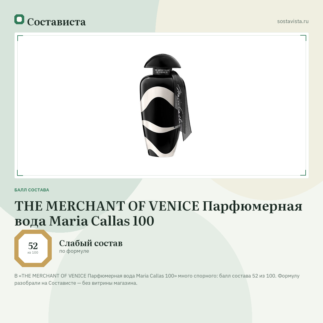 THE MERCHANT OF VENICE Парфюмерная вода Maria Callas 100: балл состава 52 из 100 — Состависта