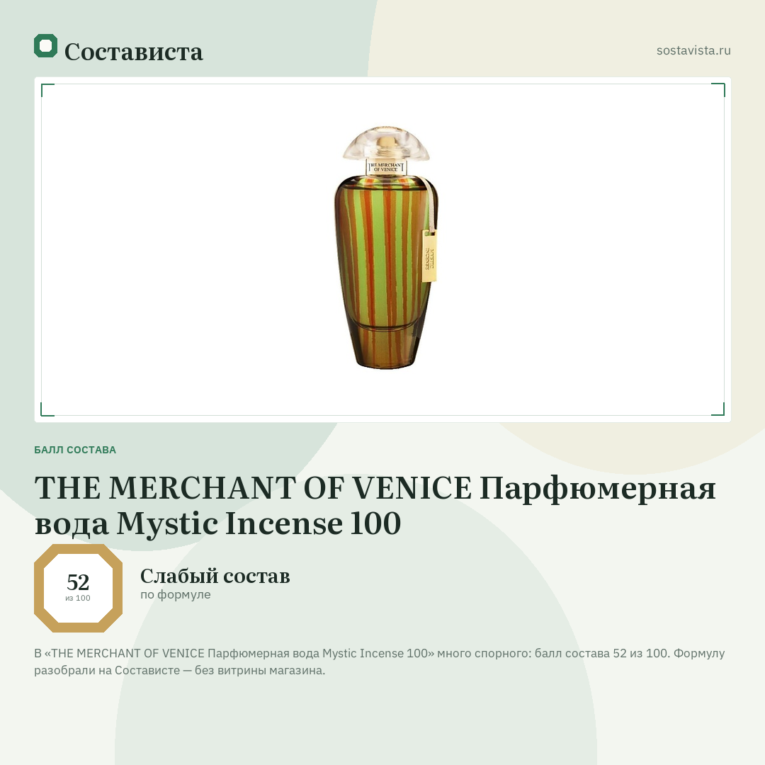THE MERCHANT OF VENICE Парфюмерная вода Mystic Incense 100: балл состава 52 из 100 — Состависта