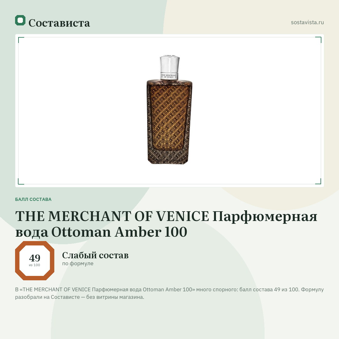 THE MERCHANT OF VENICE Парфюмерная вода Ottoman Amber 100: балл состава 49 из 100 — Состависта