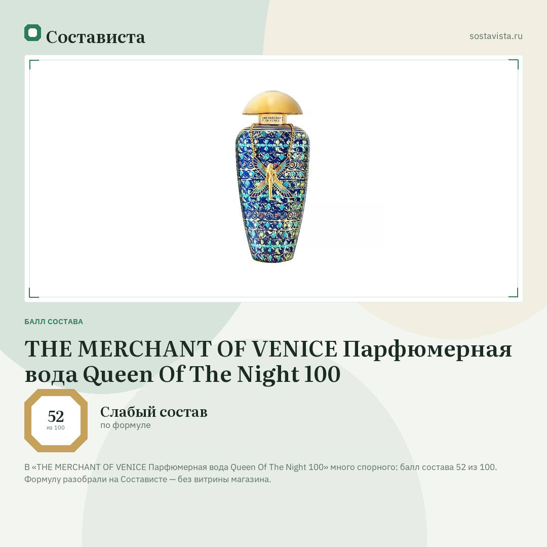 THE MERCHANT OF VENICE Парфюмерная вода Queen Of The Night 100: балл состава 52 из 100 — Состависта