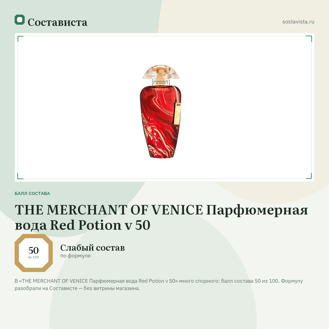 THE MERCHANT OF VENICE Парфюмерная вода Red Potion v 50: балл состава 50 из 100 — Состависта