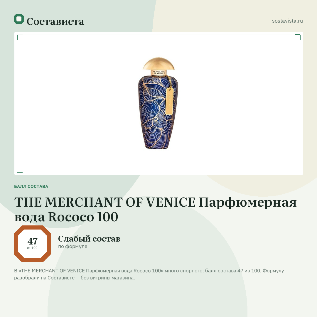 THE MERCHANT OF VENICE Парфюмерная вода Rococo 100: балл состава 47 из 100 — Состависта