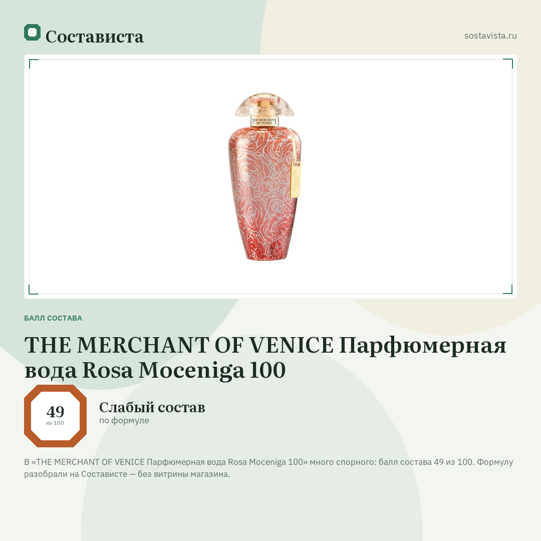THE MERCHANT OF VENICE Парфюмерная вода Rosa Moceniga 100: балл состава 49 из 100 — Состависта