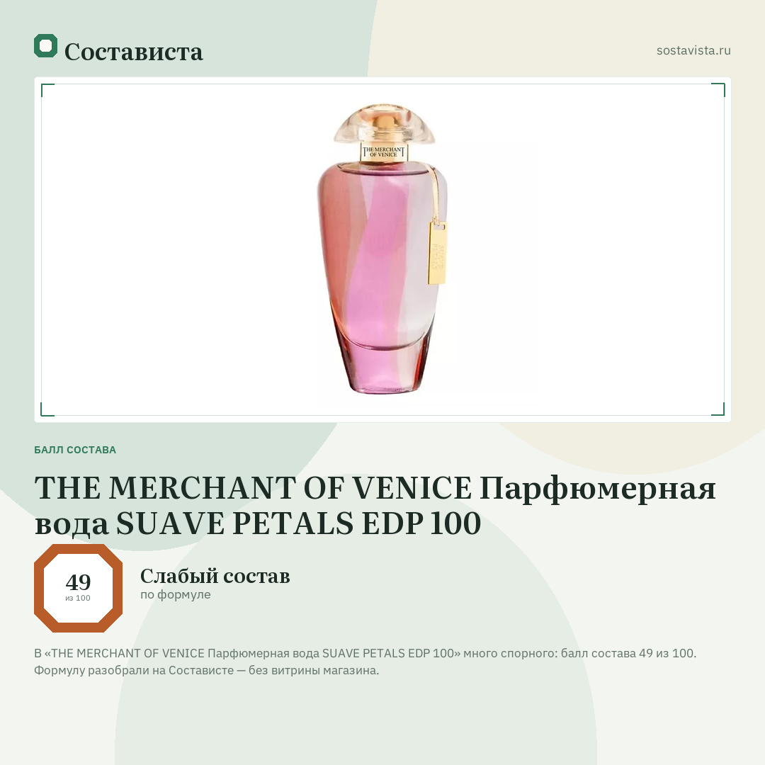 THE MERCHANT OF VENICE Парфюмерная вода SUAVE PETALS EDP 100: балл состава 49 из 100 — Состависта