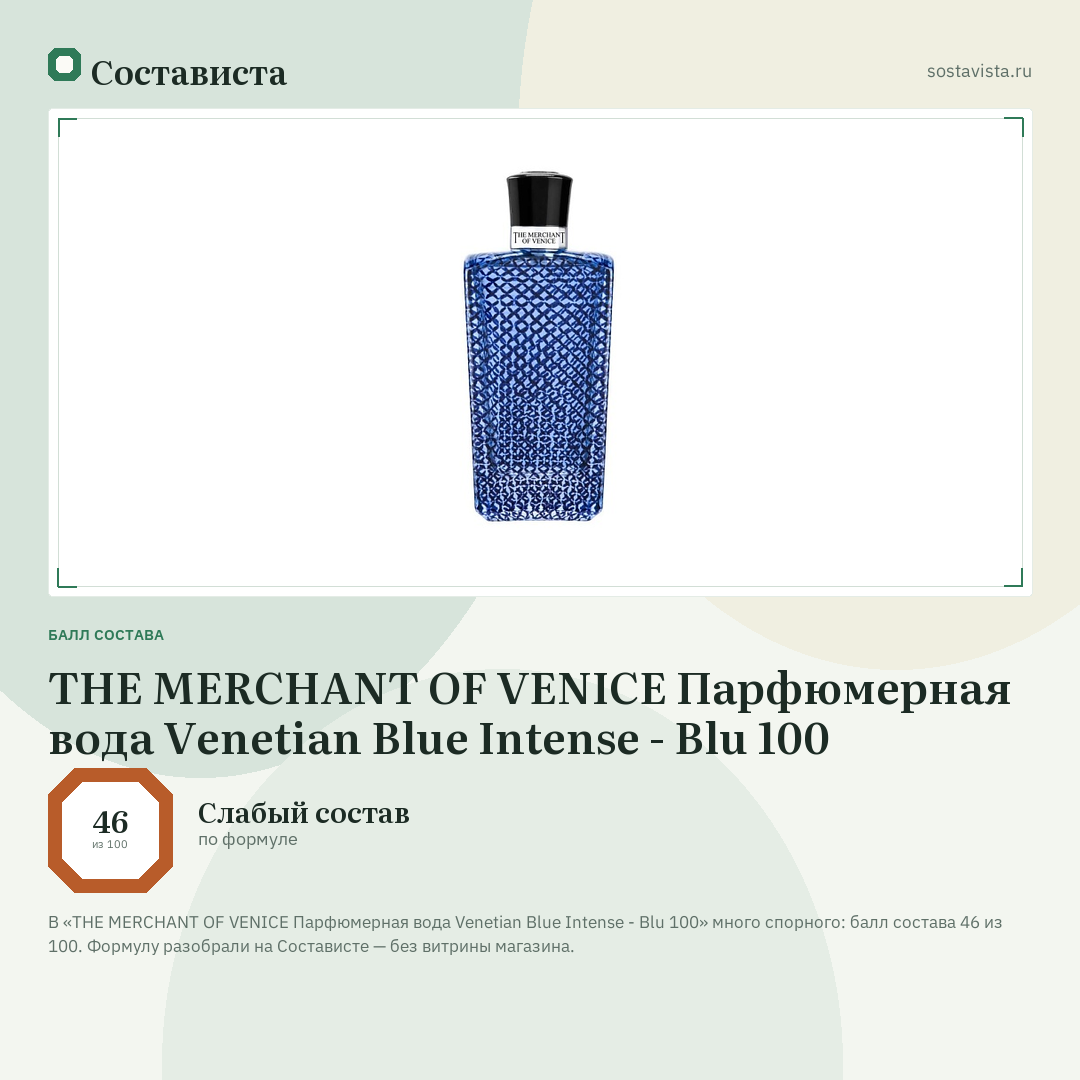THE MERCHANT OF VENICE Парфюмерная вода Venetian Blue Intense - Blu 100: балл состава 46 из 100 — Состависта