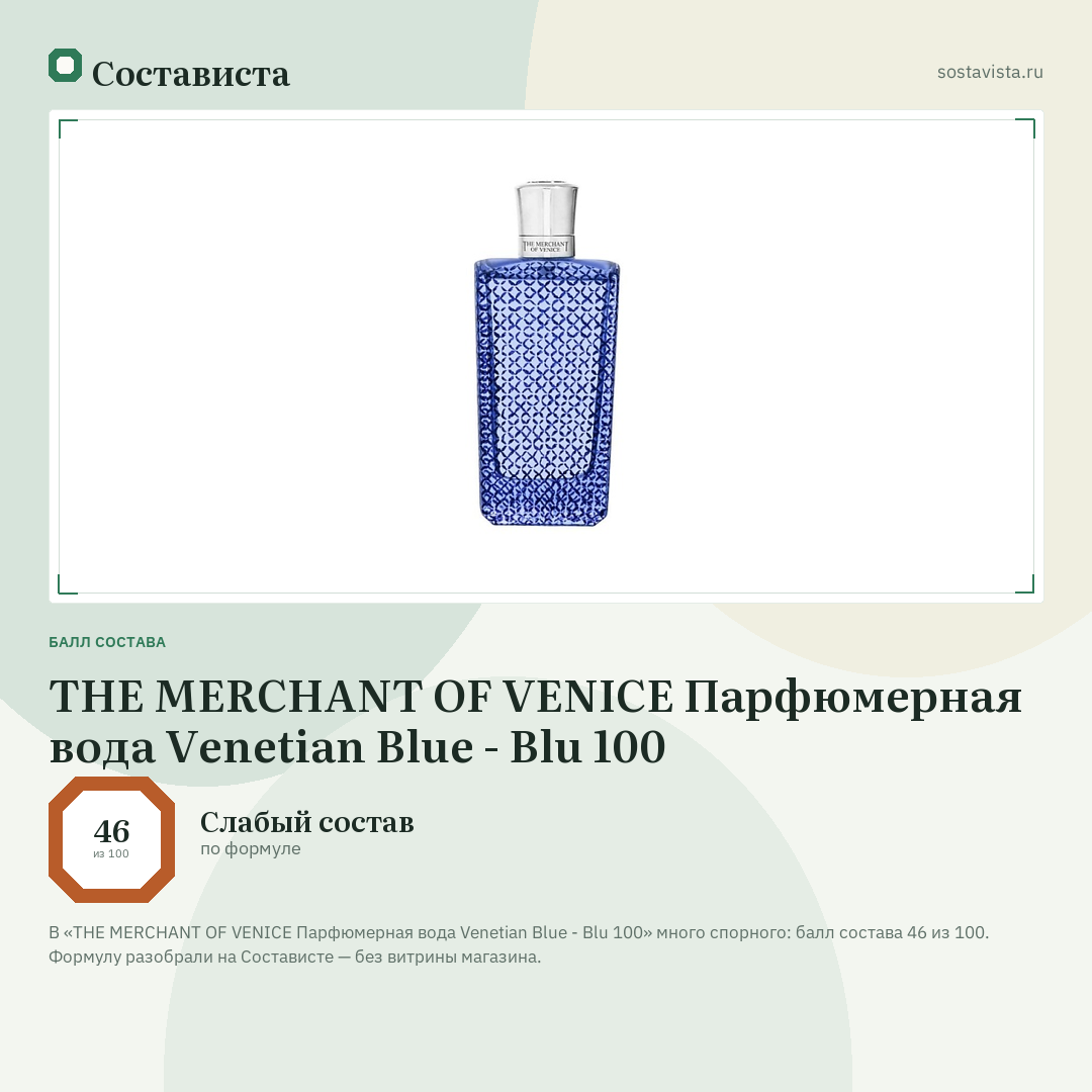 THE MERCHANT OF VENICE Парфюмерная вода Venetian Blue - Blu 100: балл состава 46 из 100 — Состависта
