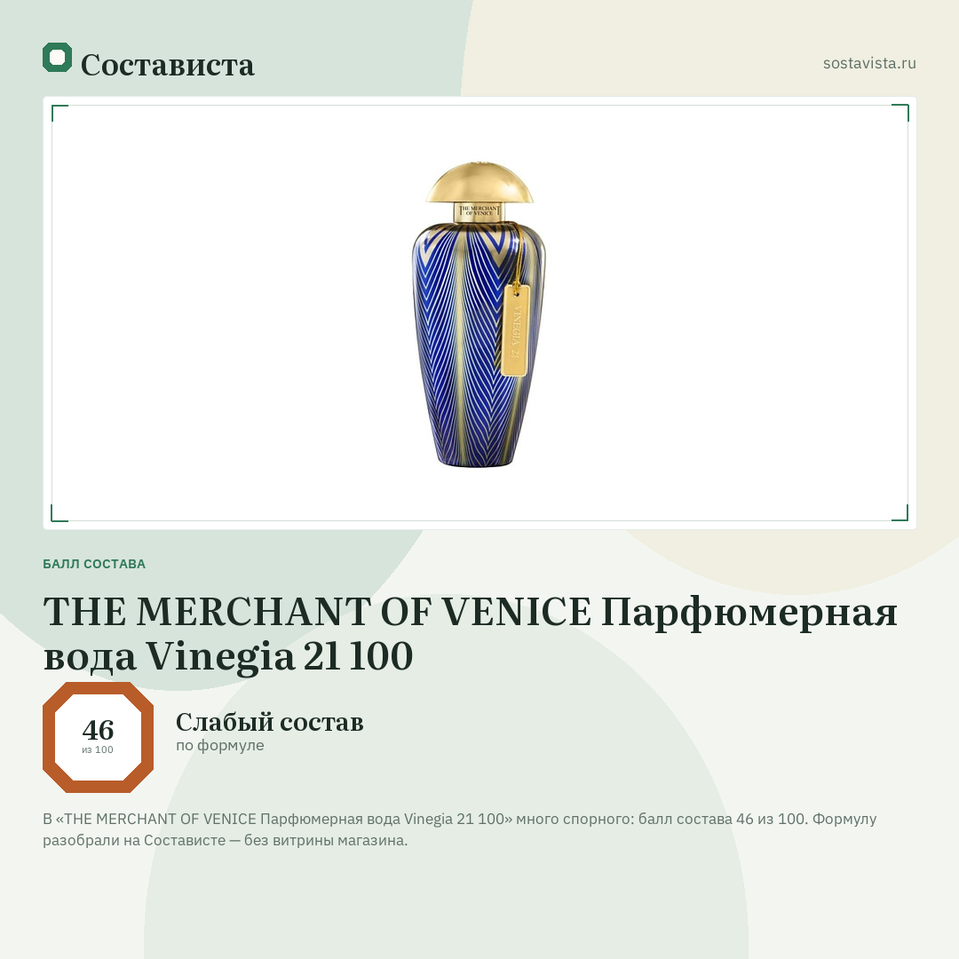 THE MERCHANT OF VENICE Парфюмерная вода Vinegia 21 100: балл состава 46 из 100 — Состависта