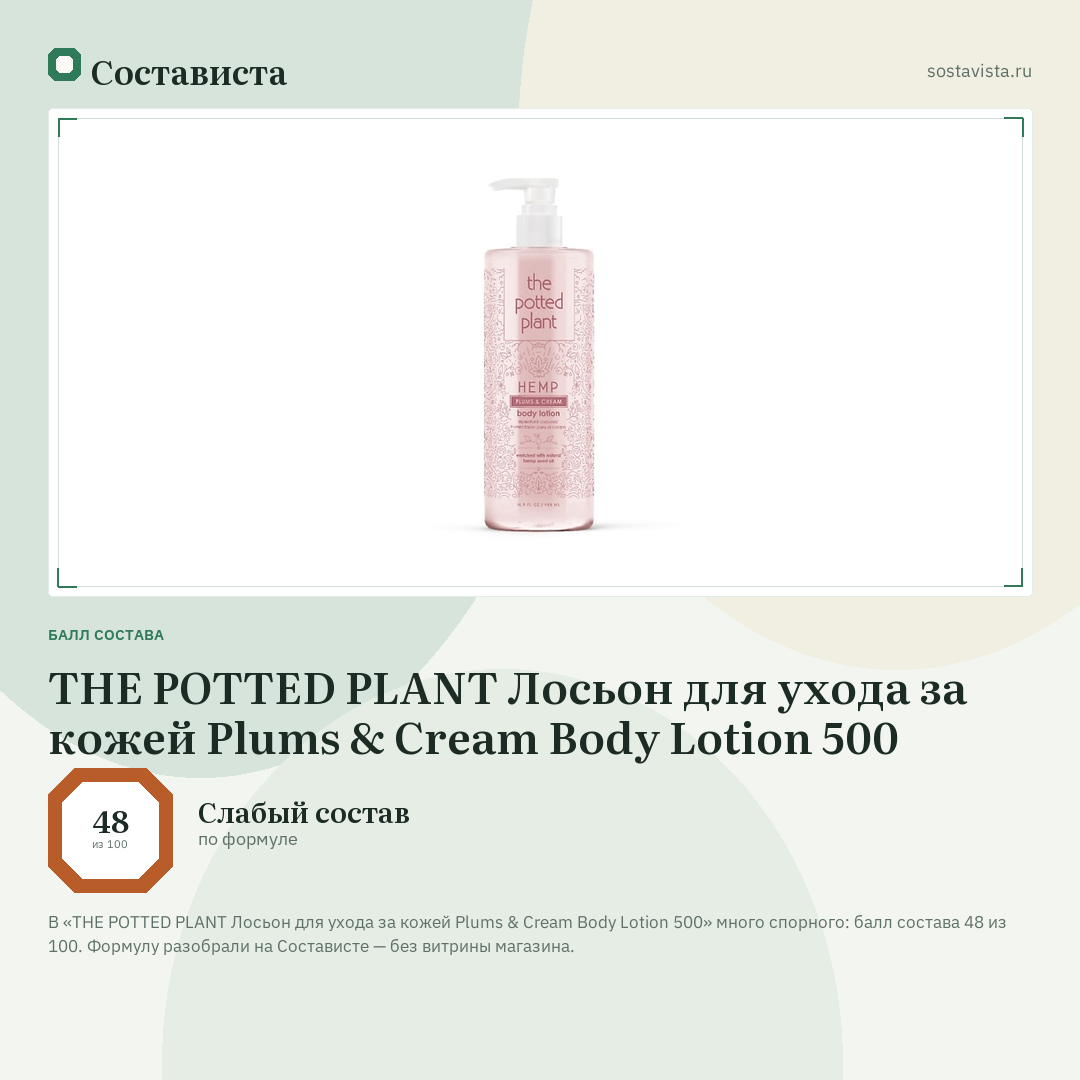 THE POTTED PLANT Лосьон для ухода за кожей Plums & Cream Body Lotion 500: балл состава 48 из 100 — Состависта