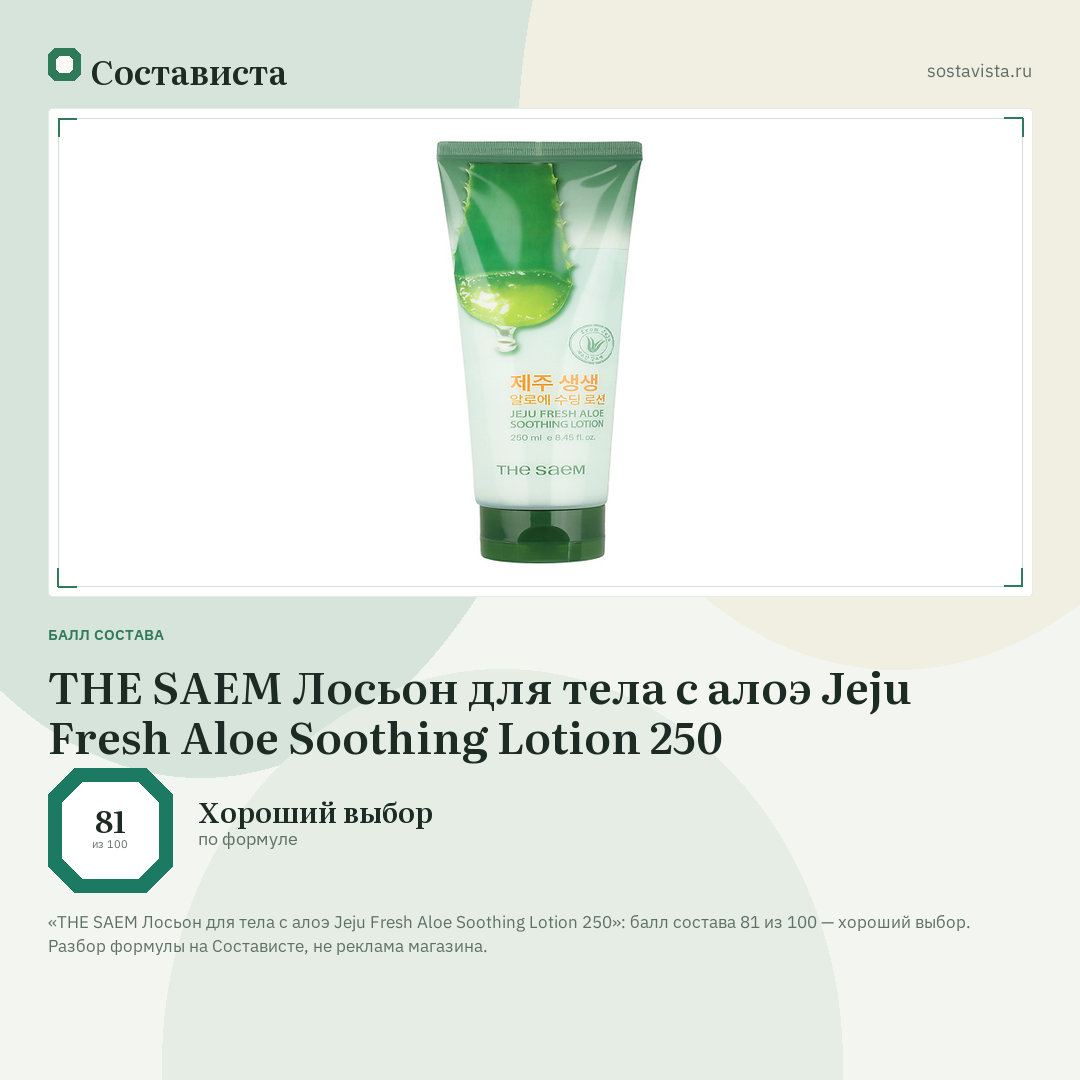 THE SAEM Лосьон для тела с алоэ Jeju Fresh Aloe Soothing Lotion 250: балл состава 81 из 100 — Состависта