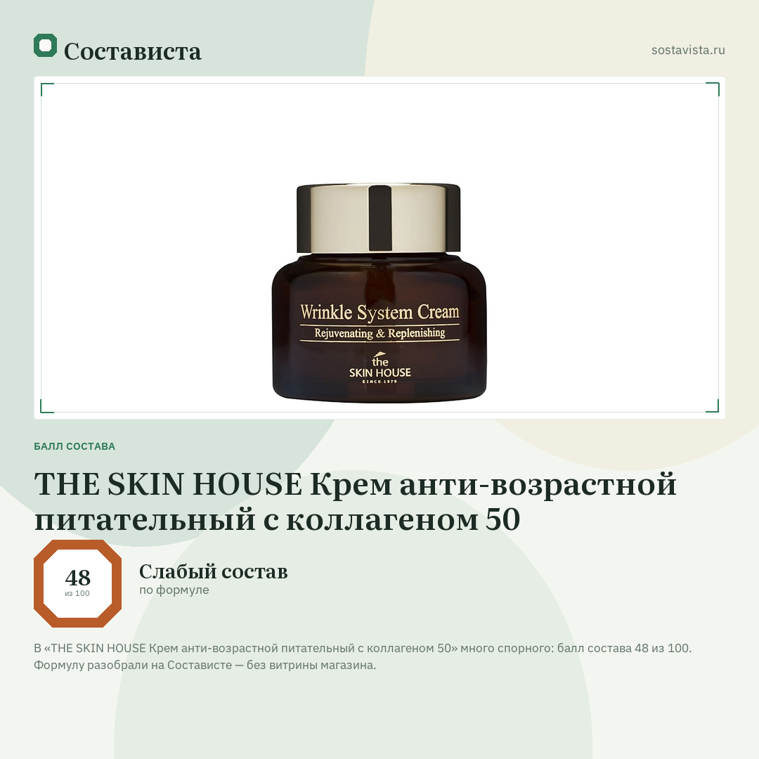 THE SKIN HOUSE Крем анти-возрастной питательный с коллагеном 50: балл состава 48 из 100 — Состависта