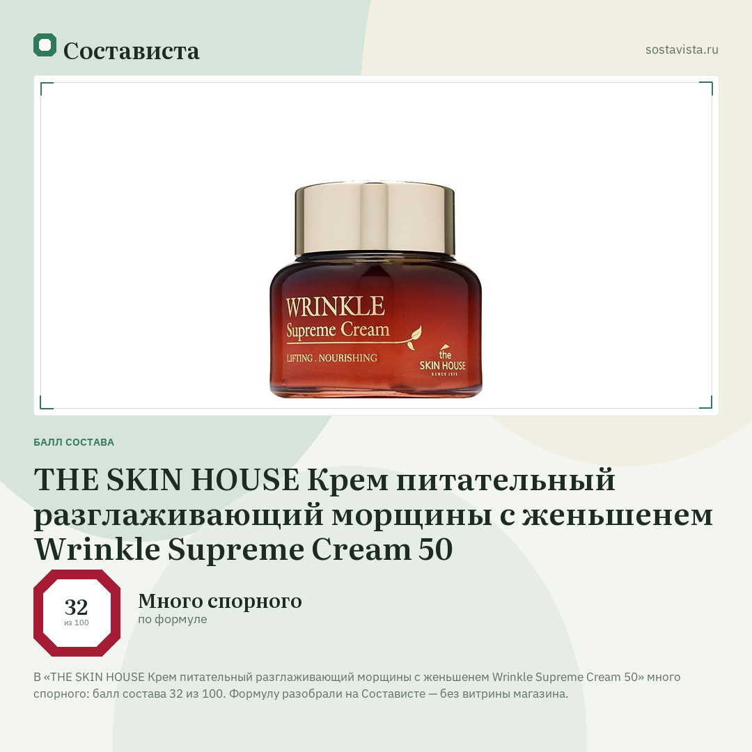 THE SKIN HOUSE Крем питательный разглаживающий морщины с женьшенем Wrinkle Supreme Cream 50: балл состава 32 из 100 — Состависта