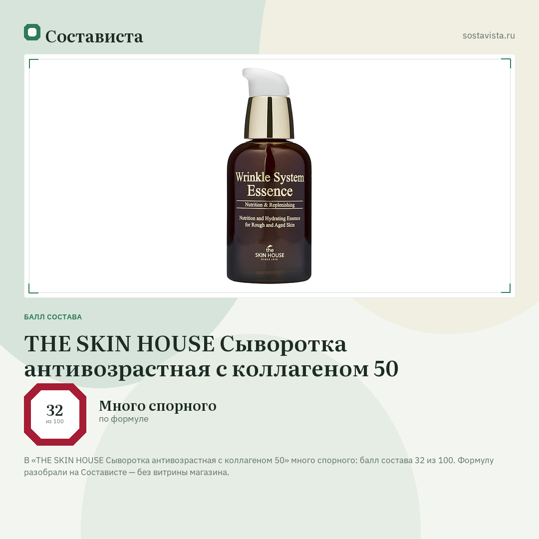 THE SKIN HOUSE Сыворотка антивозрастная с коллагеном 50: балл состава 32 из 100 — Состависта