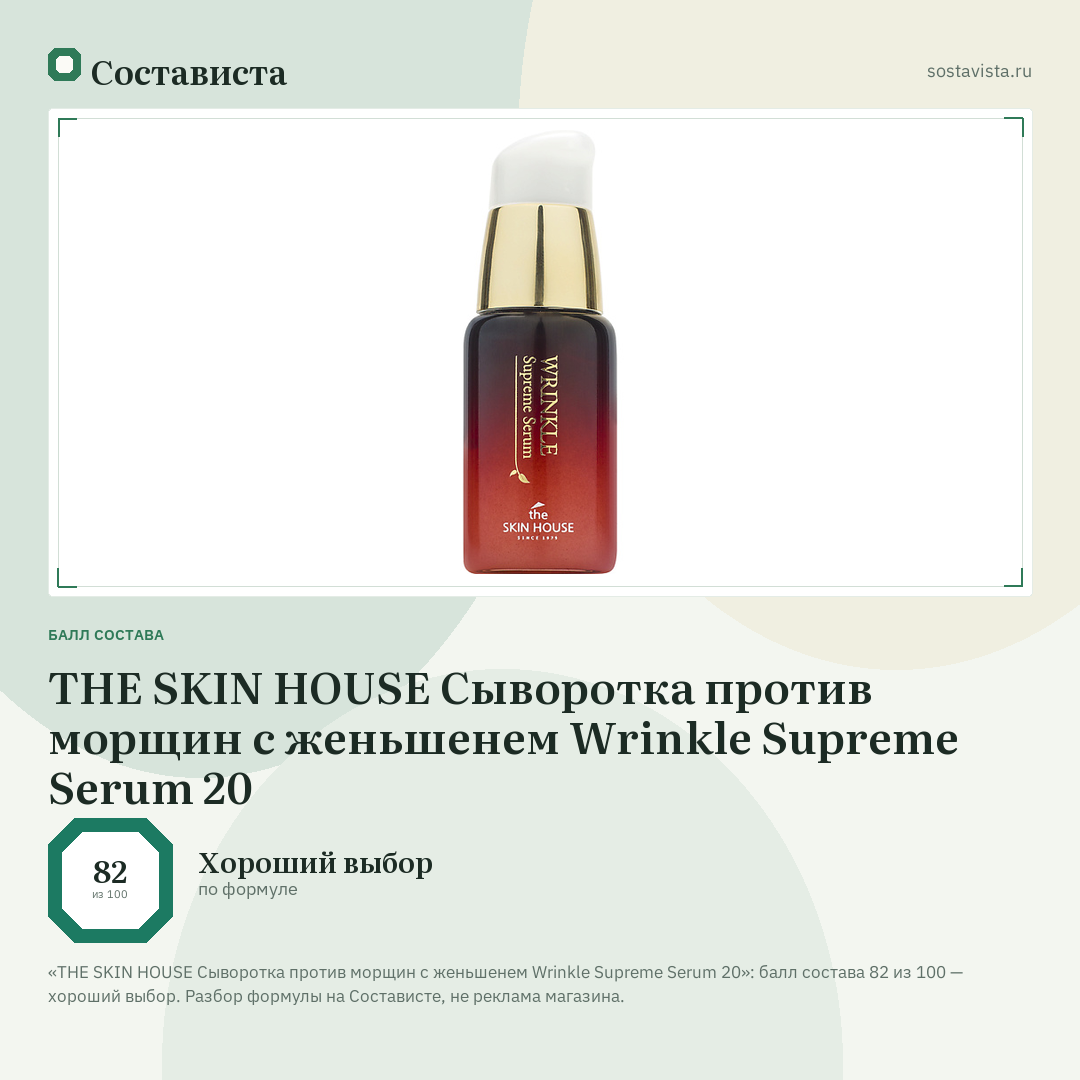 THE SKIN HOUSE Сыворотка против морщин с женьшенем Wrinkle Supreme Serum 20: балл состава 82 из 100 — Состависта