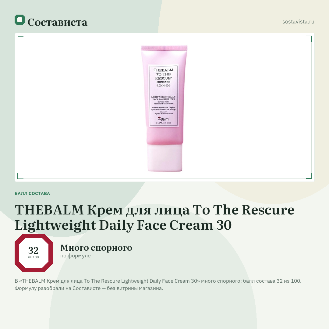 THEBALM Крем для лица To The Rescure Lightweight Daily Face Cream 30: балл состава 32 из 100 — Состависта