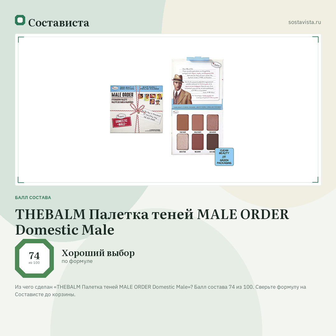 THEBALM Палетка теней MALE ORDER Domestic Male: балл состава 74 из 100 — Состависта